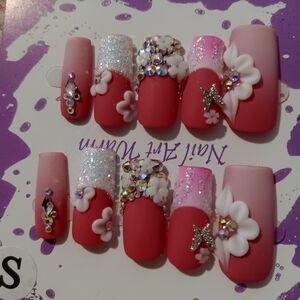 2.5 Sq S .Pink and White Floral Nail Art Set. Stunning Set . 1 Only